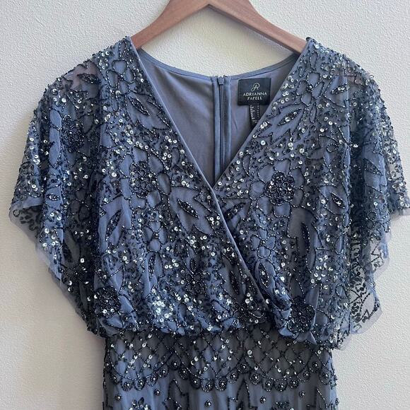 Adrianna Papell Beaded Mesh Blouson Sequin Embellishments Dress 0 Wedding Guest - Picture 5 of 13